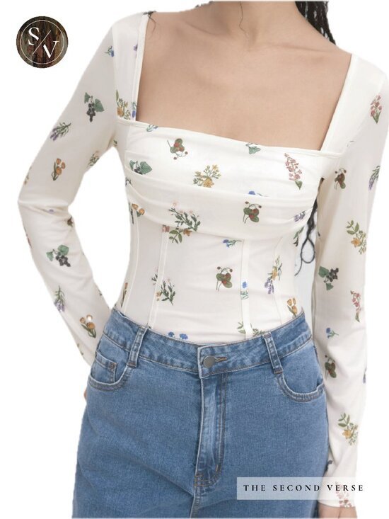 Cider Tops - NWT Cider Long Sleeve Ruched Cottagecore Ditsy Floral Ivory Corset Bodysuit